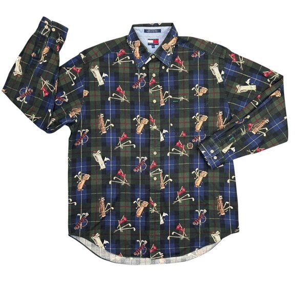 Tommy Hilfiger Shirt Mens Medium Plaid Golf All Over Print Button Up Long Sleeve - Picture 1 of 11